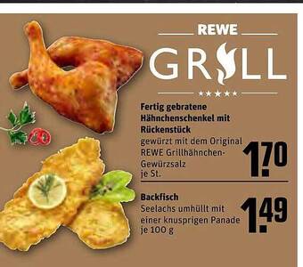 REWE Fertig gebratene hähnchenschenkel mit rückenfisch oder backfisch Angebot