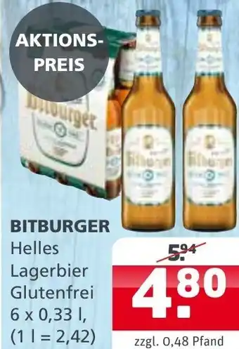 Getränke Quelle Bitburger Helles Lagerbier glutenfrei 6x0,33 L Angebot