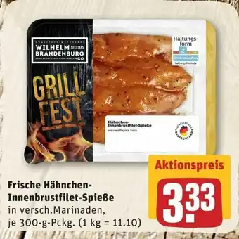 REWE Frische Hähncheninnenbrustfilet Spieße 300g Angebot