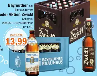 Aktiv Irma Bayreuther hell Bier aus Bayern oder Aktien Zwickl Kellerbier 20x0,5L Angebot