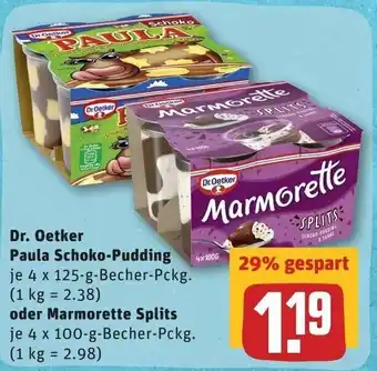 REWE Dr. Oetker Paula Schoko Pudding 4x125g Becher oder Marmorette Splits 4x100g Becher Angebot