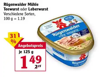 Globus Rügenwalder Mühle Teewurst oder Leberwurst 125g Angebot