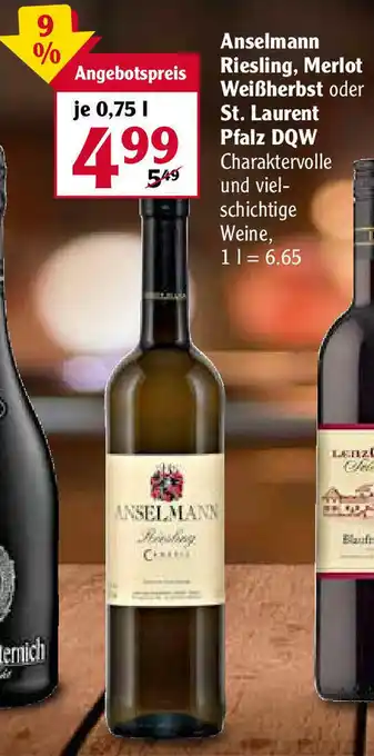 Globus Anselmann Riesling, Merlot Weißherbst oder St. Laurent Pfalz DQW 0,75L Angebot