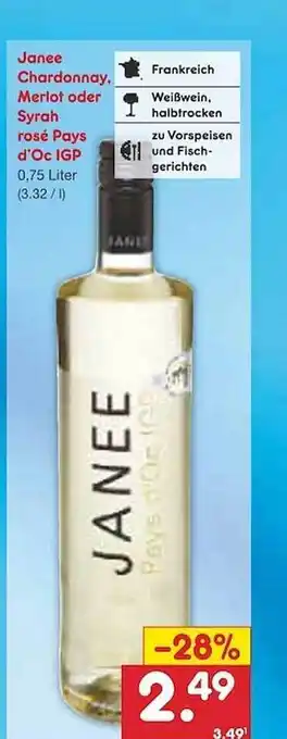 Netto Marken-Discount Janee chardonnay, merlot oder syrah rosé pays d'oc igp Angebot