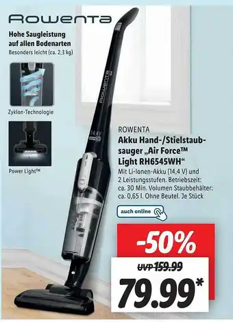 Lidl Rowenta akku hand--stielstaub-sauger „air force light rh6545wh“ Angebot