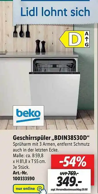 Lidl Beko geschirrspüler „bdin38530d“ Angebot