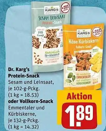 REWE Dr. karg's protein-snack oder vollkorn-snack Angebot