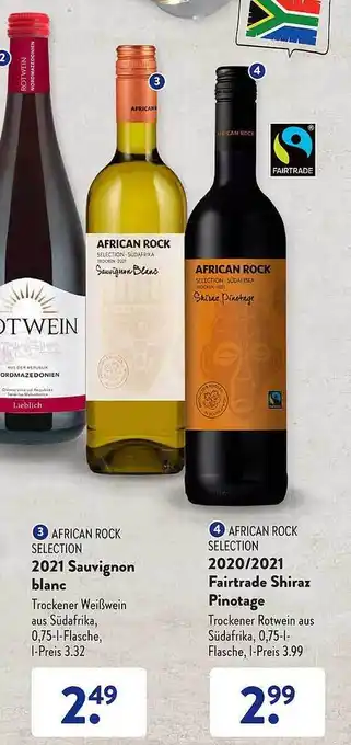 Aldi Süd African rock selection 2021 sauvignon blanc, 2020-2021 fairtrade shiraz pinotage Angebot