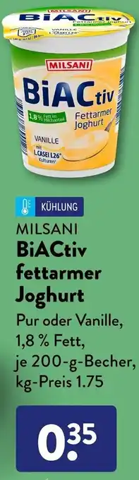 Aldi Süd Milsani BiACtiv fettarmer Joghurt 200 g Becher Angebot