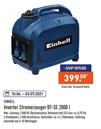 Aldi Nord Einhell Inverter Stromerzeuger BT-SE 2000 L Angebot