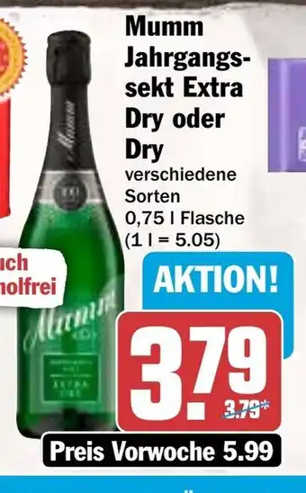 Hit Mumm Jahrgangssekt Extra Dry o. Dry 750ml Angebot