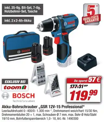 toom Baumarkt Bosch Akku Bohrschrauber GSR 12V-15 Professional Angebot