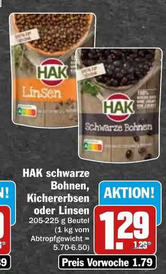 Hit HAK schwarze Bohnen, Kichererbsen o. Linsen 205-225g Angebot