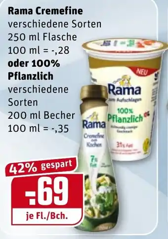 REWE Rama Cremefine 250ml oder 100% Pflanzlich 200ml Becher Angebot