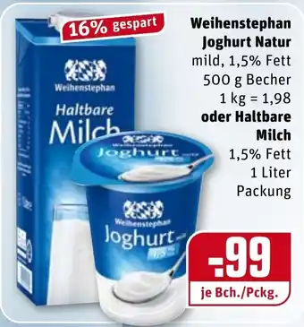 REWE Weihenstephan Joghurt Natur 500g Becher oder Haltbare Milch 1L Angebot