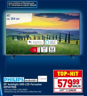 METRO Philips 65" Ambilight UHD LED Fernseher 65PUS7906 Angebot