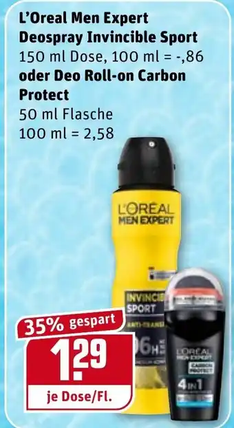 REWE L'Oreal Men Expert Deospray Invincible Sport 150ml oder Deo Roll on Carbon Protect 50ml Angebot