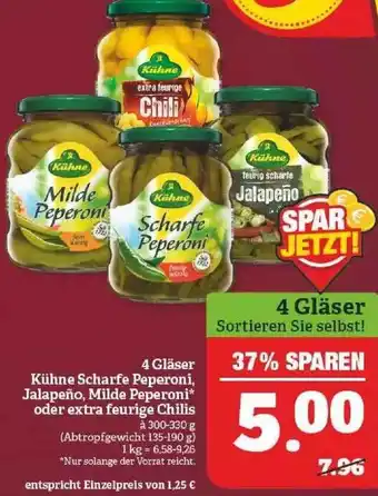 Marktkauf 4 gläser kühne scharfe peperoni, jalapeño, milde peperoni oder extra feurige chilis Angebot