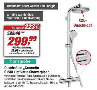 toom Baumarkt Hansgrohe duschsäule „crometta s240 1jet varia showerpipe“ Angebot