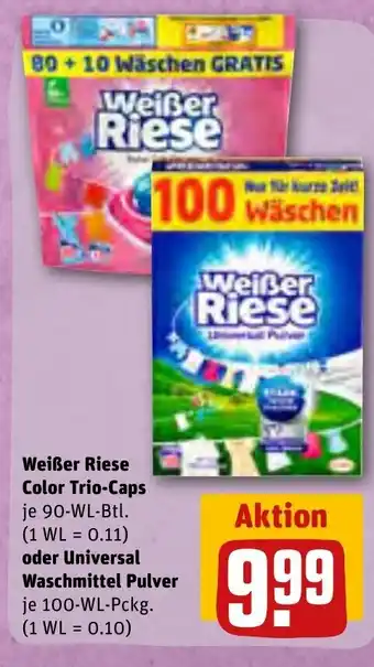 REWE Weisser Riese Color Trio-Caps 90wl o. Universal Waschmittel Pulver 100wl Angebot