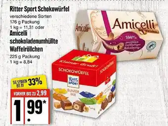 Edeka Ritter sport schokowürfel oder amicelli schokoladenumhüllte waffelröllchen Angebot