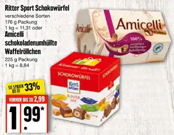 Edeka Ritter Sport Schokowürfel 176 g oder Amicelli Schokoladenumhüllte Waffelröllchen 225 g Packung Angebot