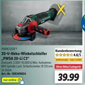 Lidl Parkside 20 V Akku Winkelschleifer ,,PWSA 20-Li C3" Angebot