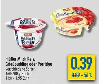 diska Müller milch reis, grießpudding oder porridge Angebot