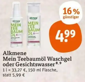 tegut Alkmene Mein Teebaumöl Waschgel oder Gesichtswasser 150 ml Flasche Angebot