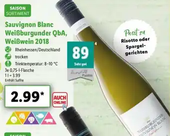 Lidl Saison Sortiment Sauvignon Blanc Weißburgunder QbA, Weißein 2018 0,75L Angebot