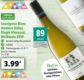 Lidl Saison Sortiment Sauvignon Blanc Awatere Valley Single Vineyard, Weißwein 2019 0,75L Angebot