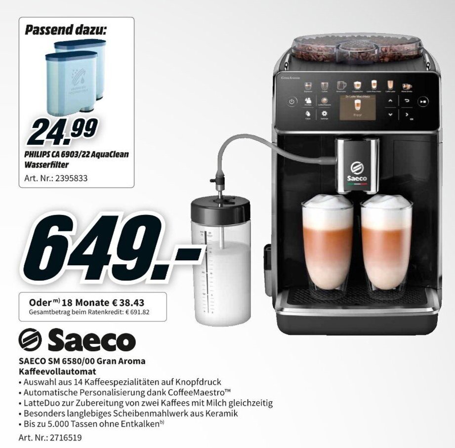 Saeco SM 6580/00 Gran Aroma Kaffeevollautomat Angebot bei MediaMarkt