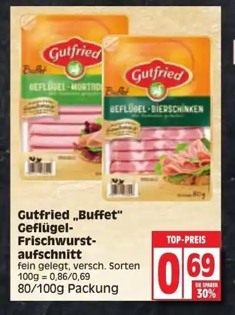 EDEKA Wucherpfennig Gutfried Buffet, Geflügel Frischwurst aufschnitt 80/100g Angebot