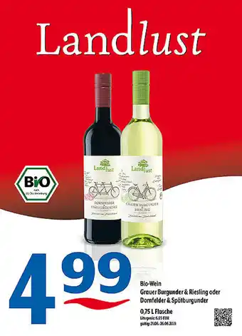 Getränke Hoffmann Landlust Bio Wein Grauer Burgunder & Riesling oder Dornfelder & Spätburgunder 0,75L Angebot