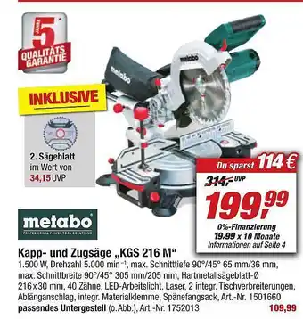 toom Baumarkt Metabo kapp- und zugsäge kgs216m Angebot