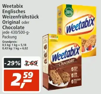 mein real Weetabix Englisches Weizenfruhstuck Original o. Chocolate 430/500g Angebot
