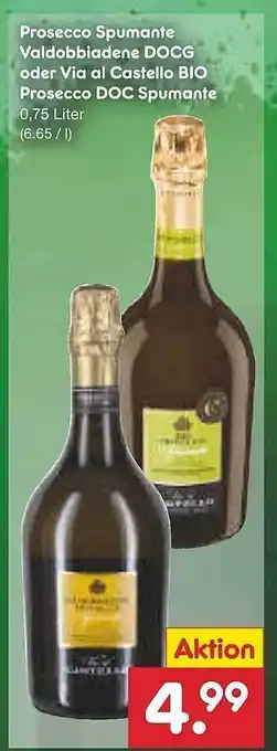 Netto Marken-Discount Prosecco spumante valdobbiedene docg oder via al castello bio prosecco doc spumante Angebot