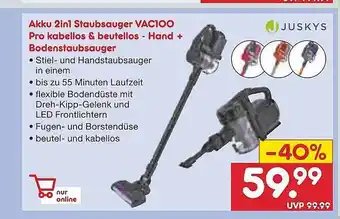 Netto Marken-Discount Akku 2in1 staubsauger vac100 pro kabellos & beutellos - hand + bodenstaubsauger Angebot