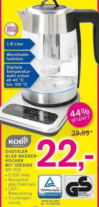 KODi Digitaler glas wasser-kocher mit teesieb kodi Angebot