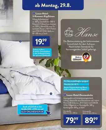 Aldi Süd Luxus-hotel-3-kammer-kopfkissen oder luxus-hotel-daunendecke Angebot