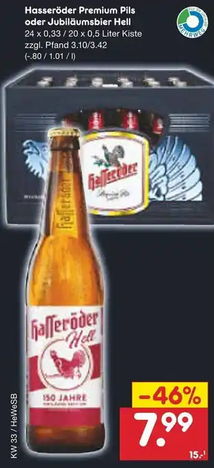 Netto Marken-Discount Hasseröder Premium Pils oder Jubiläumsbier Hell 24x0,33 / 20x0,5 Liter Kiste Angebot