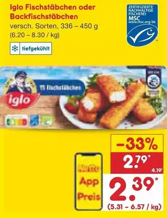 Netto Marken-Discount Iglo Fischstäbchen oder Backfischstäbchen 336-450 g Angebot