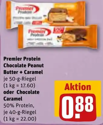 REWE Premier Protein Chocolate Butter+Caramel 50 g oder Chocolate Caramel 40 g Riegel Angebot