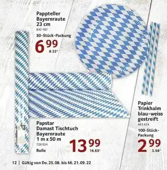 Selgros Pappteller bayernraute, papstar damast tischtuch bayernraute, papier trinkhalme blau weiss gestreift Angebot