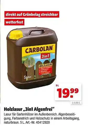 Hagebau Holzlasur 3in1 algenfrei carbolan Angebot