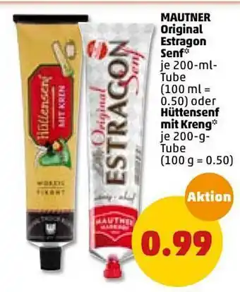 PENNY Mautner Original Estragon Senf 200ml Oder Hüttensenf Mit Kreng 200g Angebot