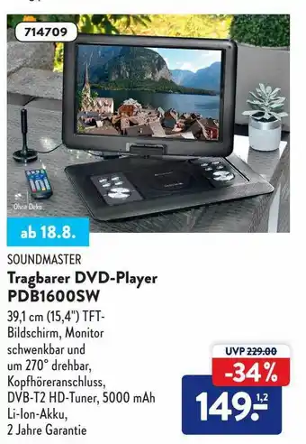 Aldi Süd Tragbarer dvd-player pdb1600sw soundmaster Angebot