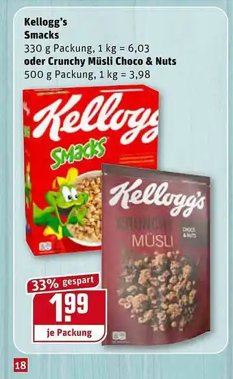 REWE Kaufpark Kellogg's Smacks 330g Oder Crunchy Müsli Choco & Nuts 500g Angebot