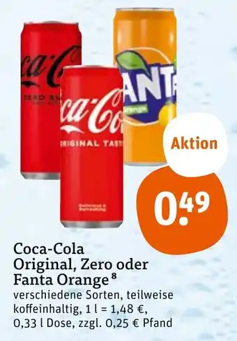 tegut Coca-Cola Original, Zero oder Fanta Orange 0,33 L Dose Angebot