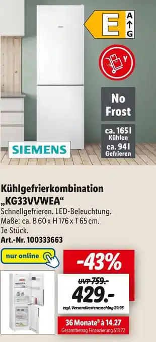 Lidl Siemens kühlgefrierkombination „kg33vvwea“ Angebot